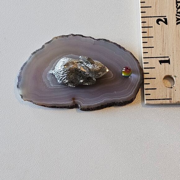 Vintage Pewter Bunny on Agate Slice Crystal with Rainbow Orb - Picture 4 of 7